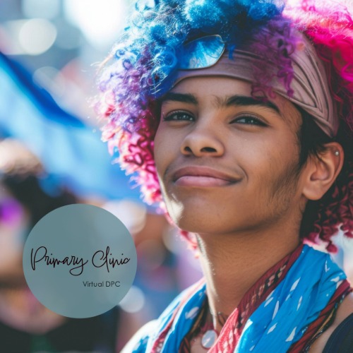 Empowering Trans Individuals: The Role of Direct Primary Care in Gender Affirming Services 1 woman with a colorful hair and a blue shirt in a virtual healthcare setting